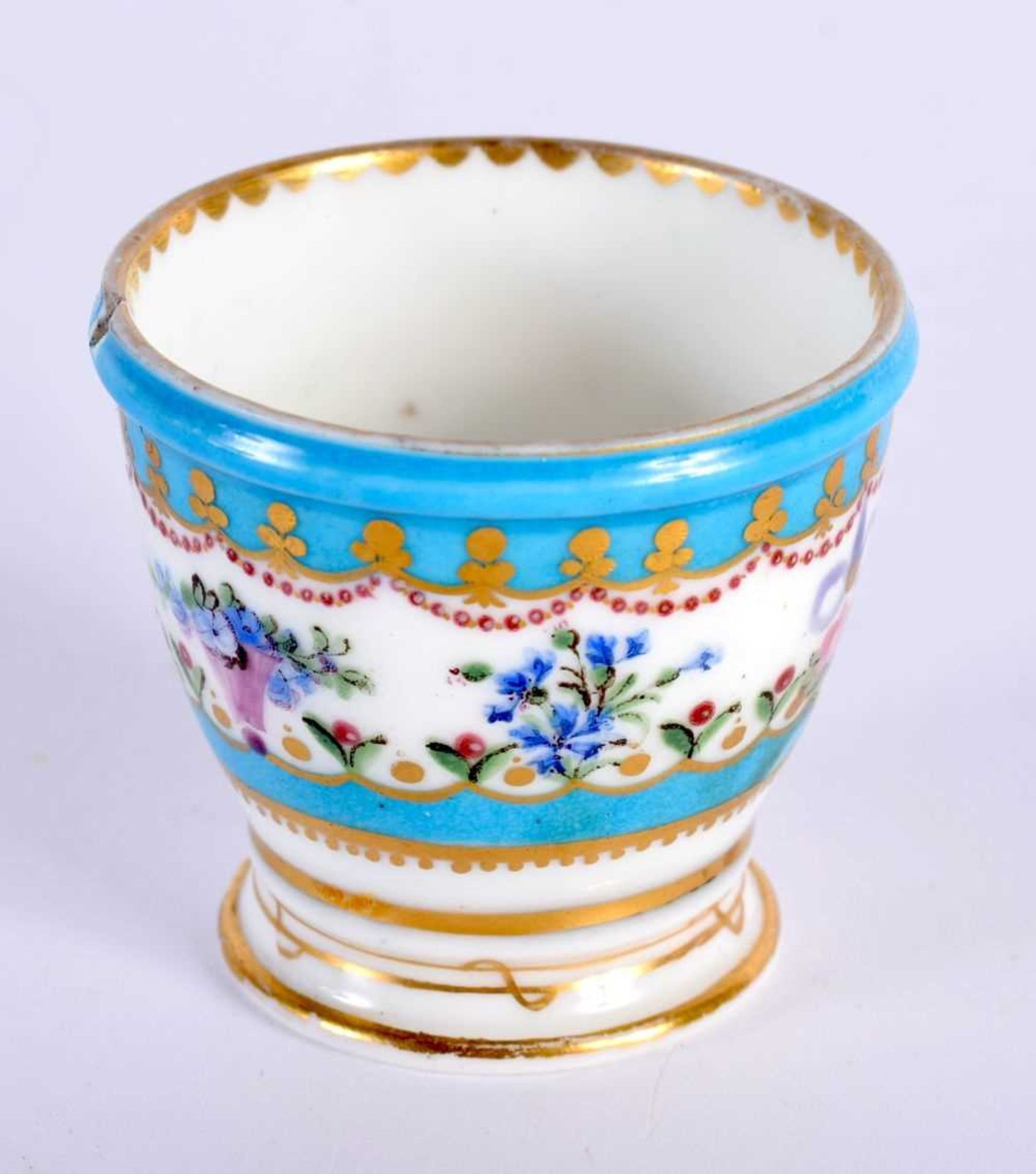 Sevres rare egg cup with turquoise ground the white panel painted with flowers and ribbons, blue L’s - Image 3 of 5