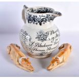 A LARGE EARLY 19TH CENTURY ENGLISH POTTERY MARRIAGE JUG together with a pair of recumbent