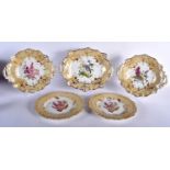 FIVE EARLY 19TH CENTURY CONTINENTAL PORCELAIN DISHES painted with flowers on a light brown ground.