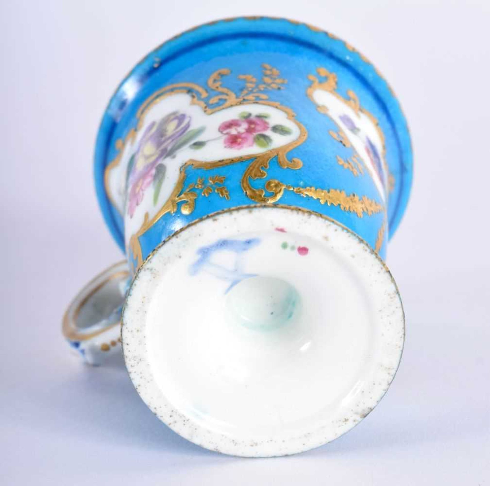 Sevres ice cup with three gilt panels painted with flowers, blue L’s mark. 6.5x6cm. - Image 4 of 4