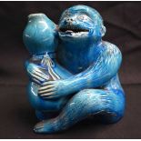 AN UNUSUAL 19TH CENTURY CHINESE BLUE GLAZED PORCELAIN MONKEY GOURD VASE or possibly Burmantofts.