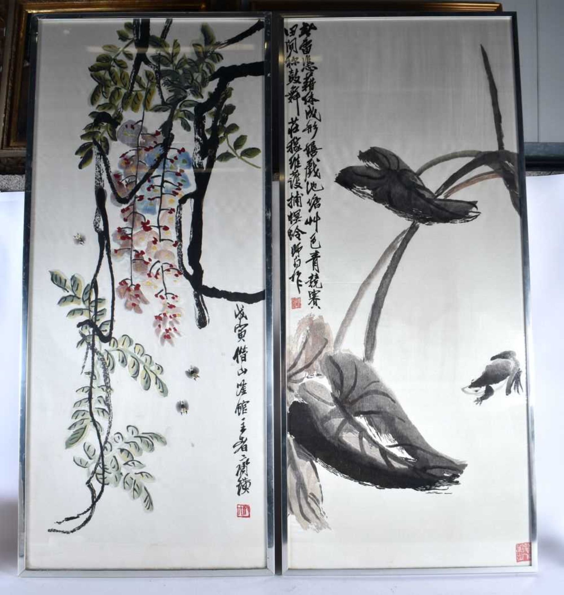 AN UNUSUAL PAIR OF CHINESE REPUBLICAN PERIOD SILK EMBROIDERED PANELS. 106 cm x 45 cm.