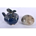 TWO KOREAN KORYO/CHOSUN PERIOD POTTERY WATER DROPPERS. Largest 8 cm x 6 cm. (2)