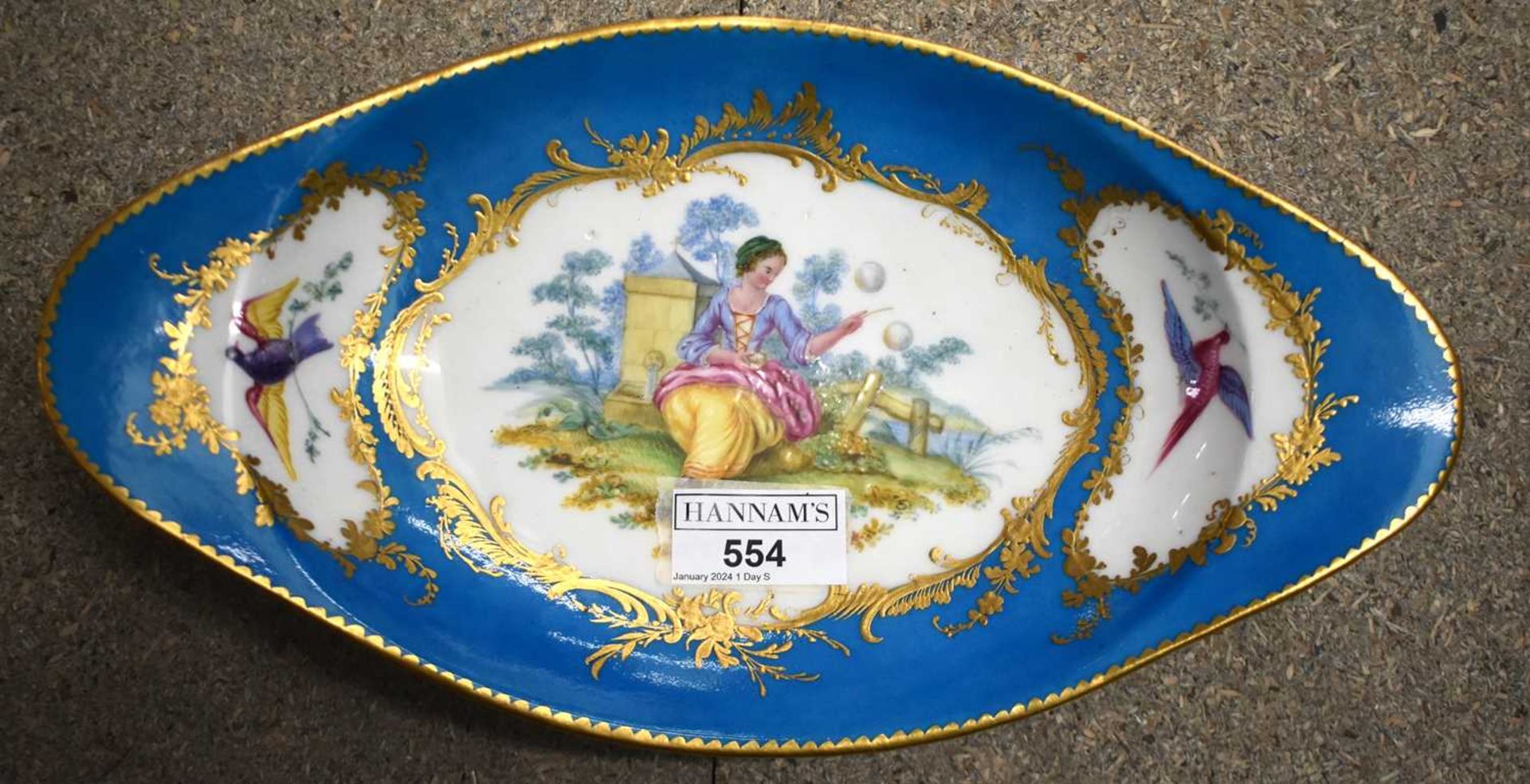 Sevres oval pedestal dish with three gilt panel two with a bird and the centre panel painted with - Image 9 of 9