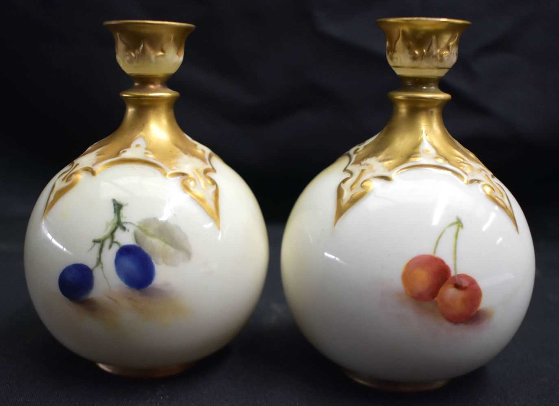 A PAIR OF ROYAL WORCESTER FRUIT PAINTED PORCELAIN VASES by Moseley & Townsend. 13 cm x 8 cm. - Image 2 of 6