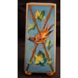 A LOVELY VICTORIAN ENAMELLED BLUE GLASS VASE of square tapered form, painted with birds in a