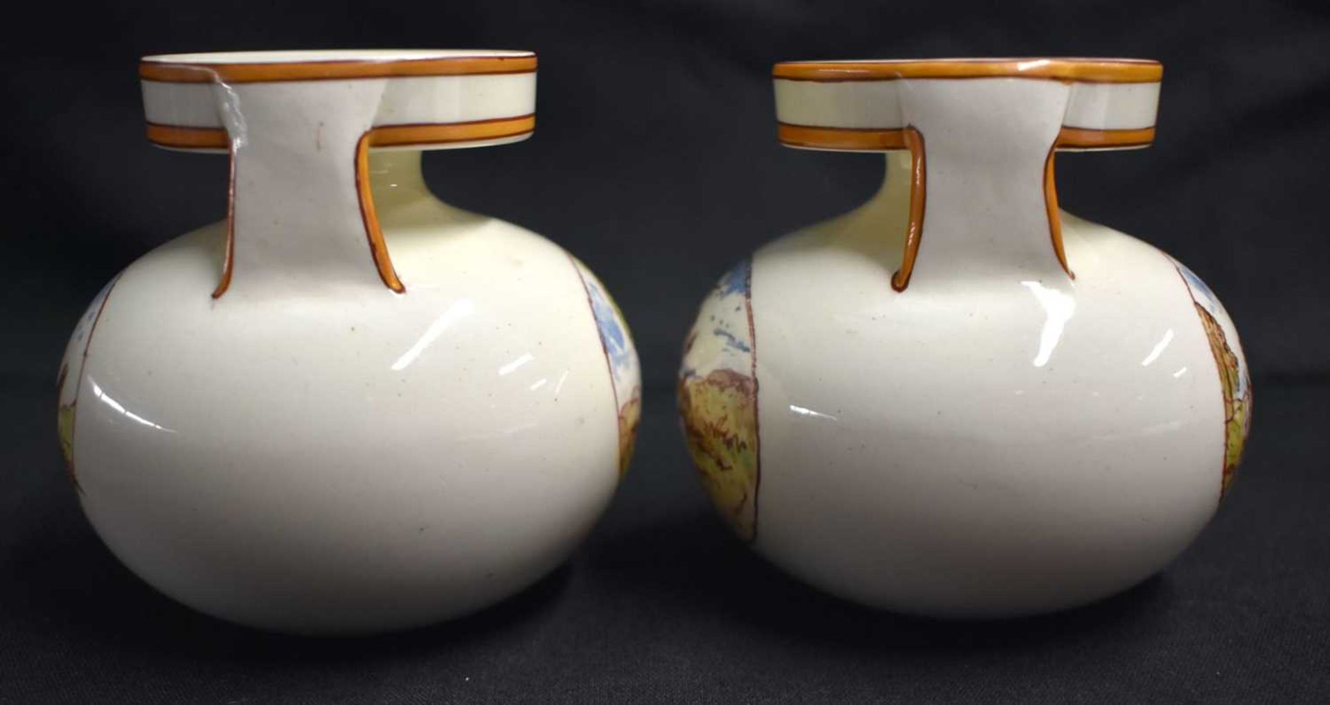 A RARE PAIR OF WEDGWOOD SINGLE HANDLED VASES by Emile Aubert Lessore, painted with rural scenes. 9 - Image 4 of 6