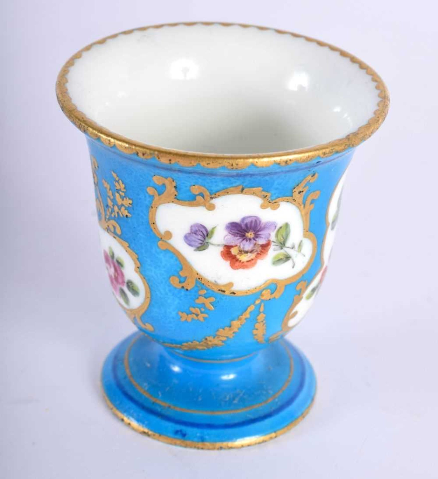 Sevres ice cup with three gilt panels painted with flowers, blue L’s mark. 6.5x6cm. - Image 2 of 4