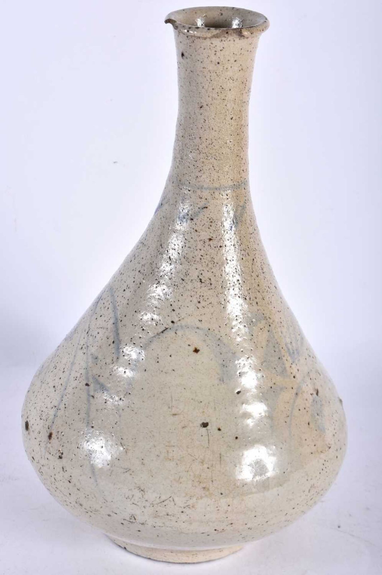 A KOREAN BLUE AND WHITE CHOSUN PERIOD STONEWARE VASE. 25 cm x 12 cm.