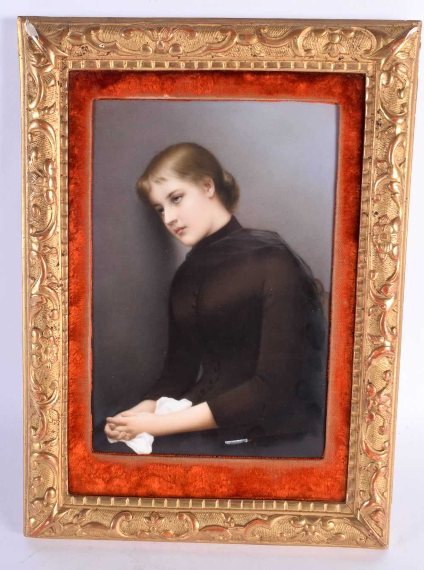 A 19TH CENTURY GERMAN KPM BERLIN PORCELAIN PLAQUE painted with a female mourning within a landscape.