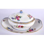 Sevres tureen and cover with fixed stand painted with flowers enclosed in a blue line and dentil