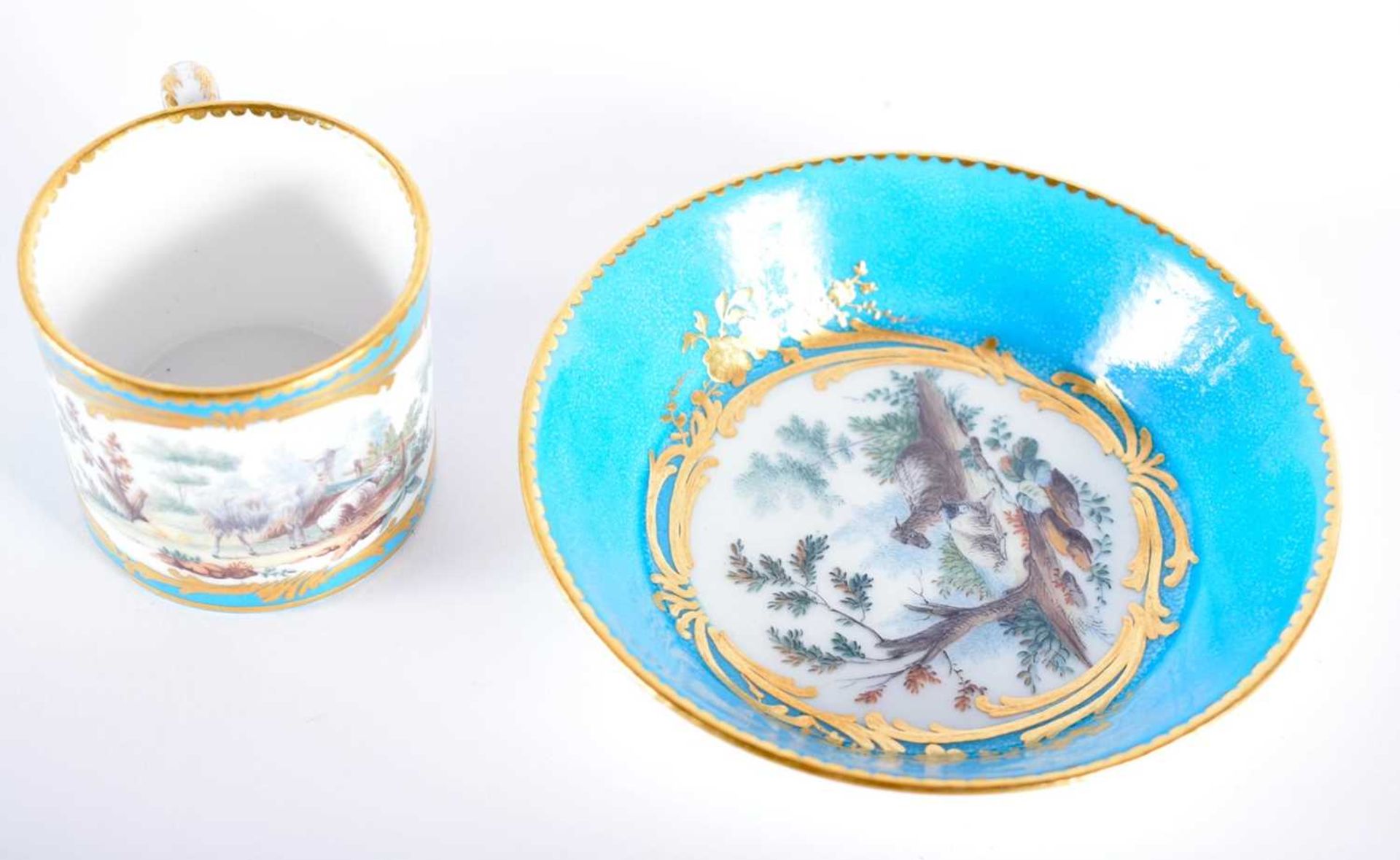 Sevres fine coffee can and saucer painted with farm animals in landscape enclosed in a gilt panel on - Image 2 of 4