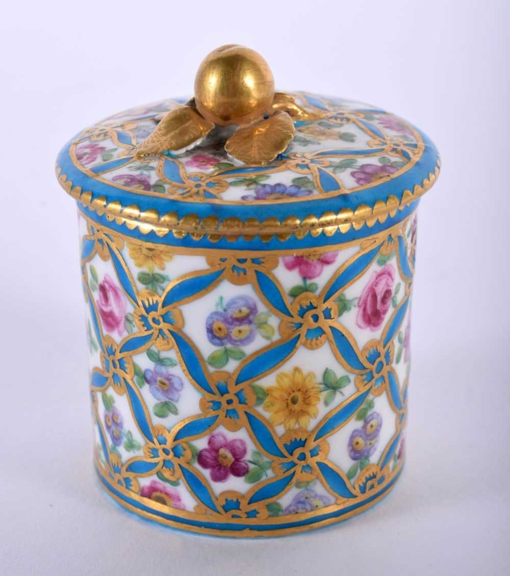 Sevres toilet pot and cover painted with single roses surrounded by blue and gilt ribbon, blue L’s