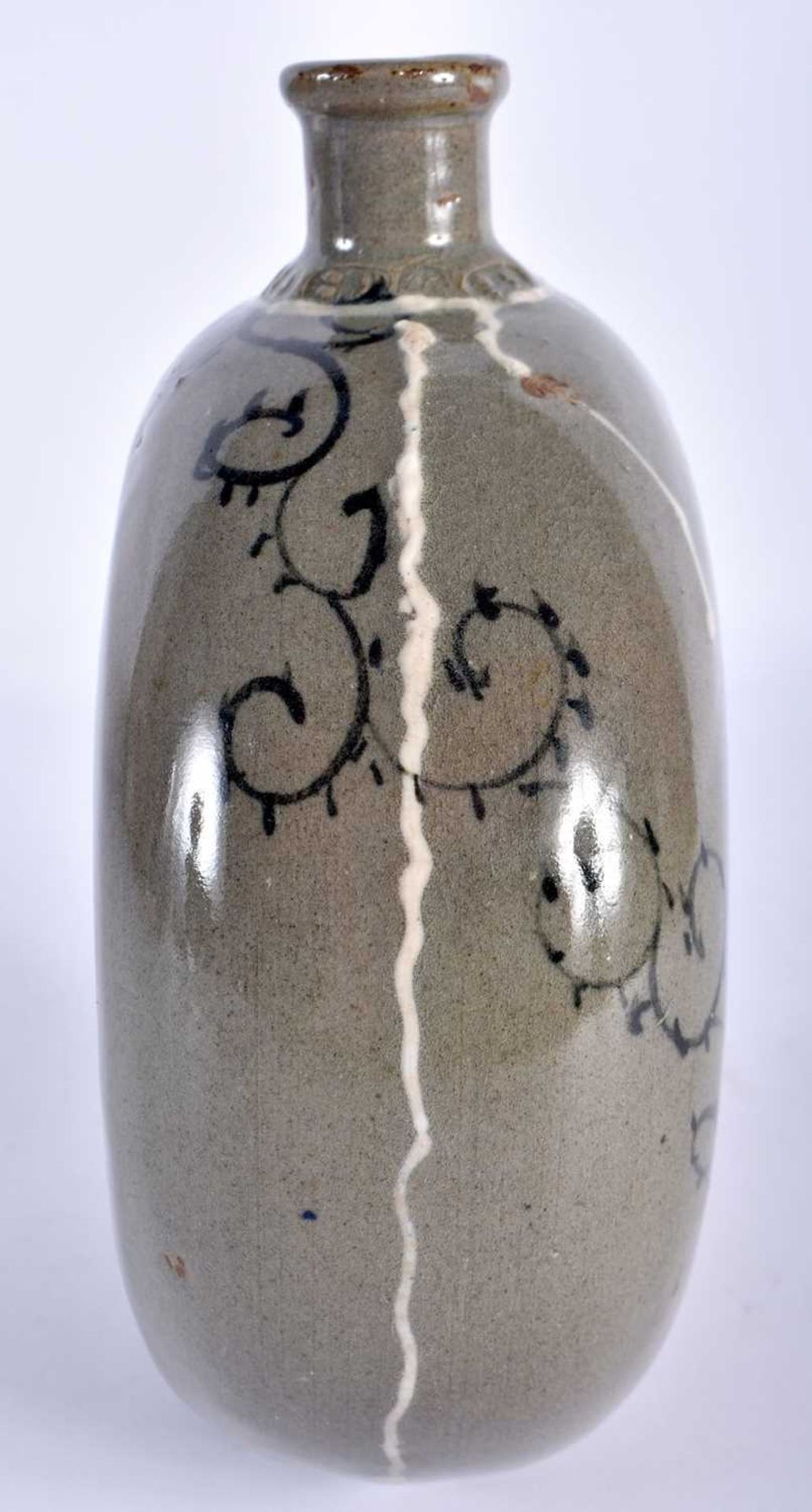A RARE 19TH CENTURY KOREAN CELADON DOUGHNUT FORM VASE painted with sparse black and white - Image 2 of 6