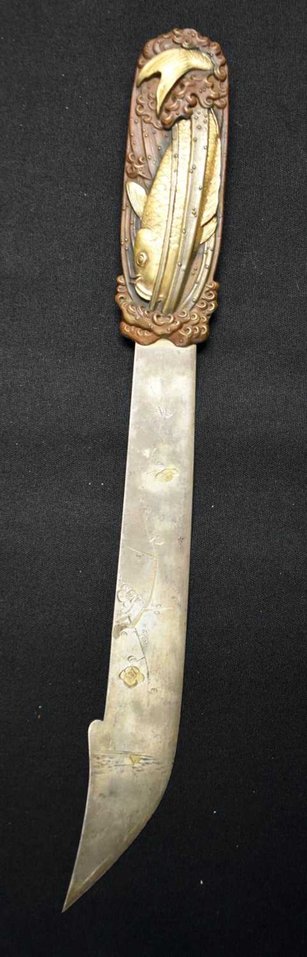 A 19TH CENTURY JAPANESE MEIJI PERIOD MIXED METAL PAPER KNIFE formed with carp under trailing reeds