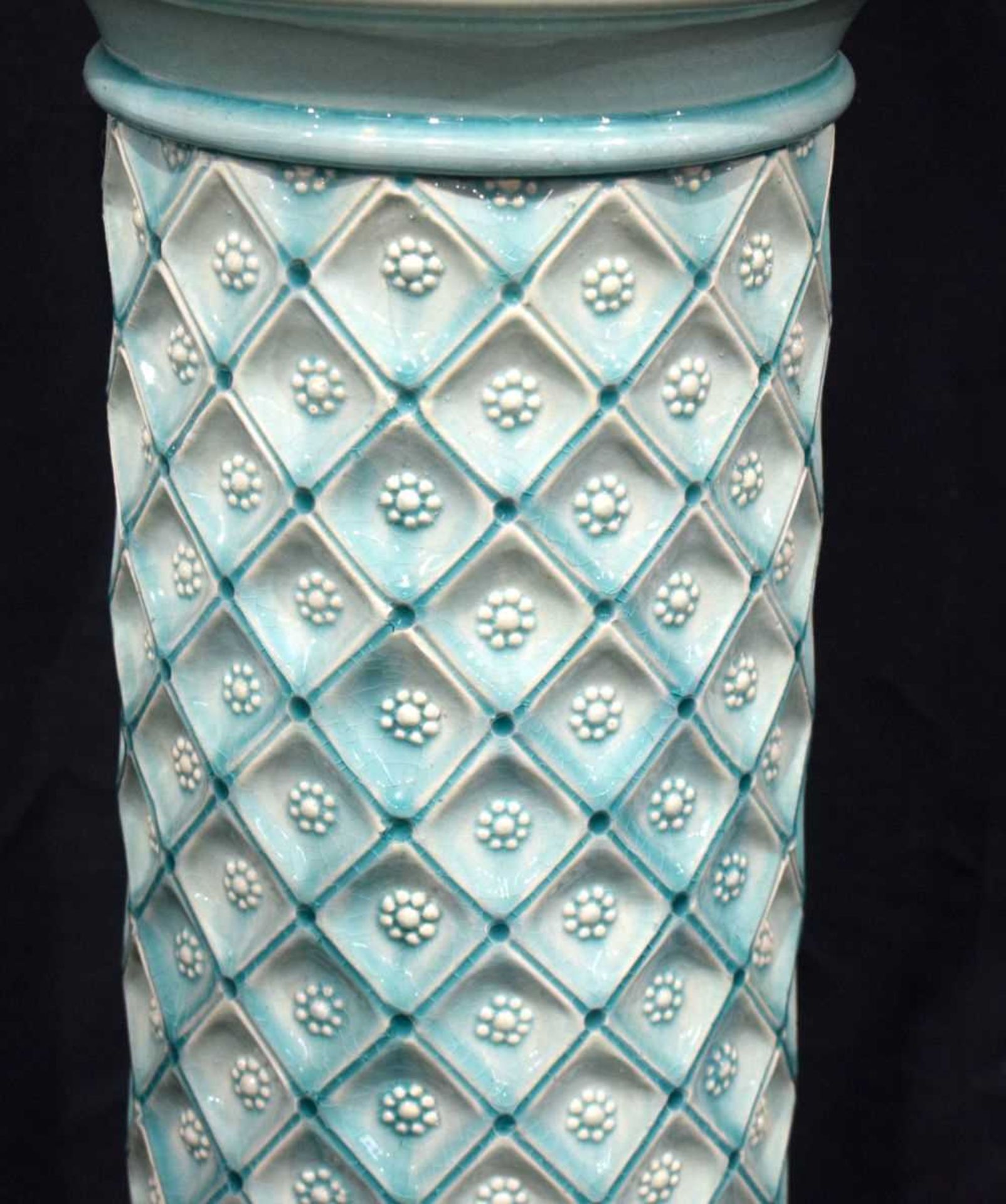 A 19TH CENTURY MINTON SECCIONIST MOVEMENT JARDINIERE upon a majolica glazed Burmantofts pillar. - Image 3 of 10