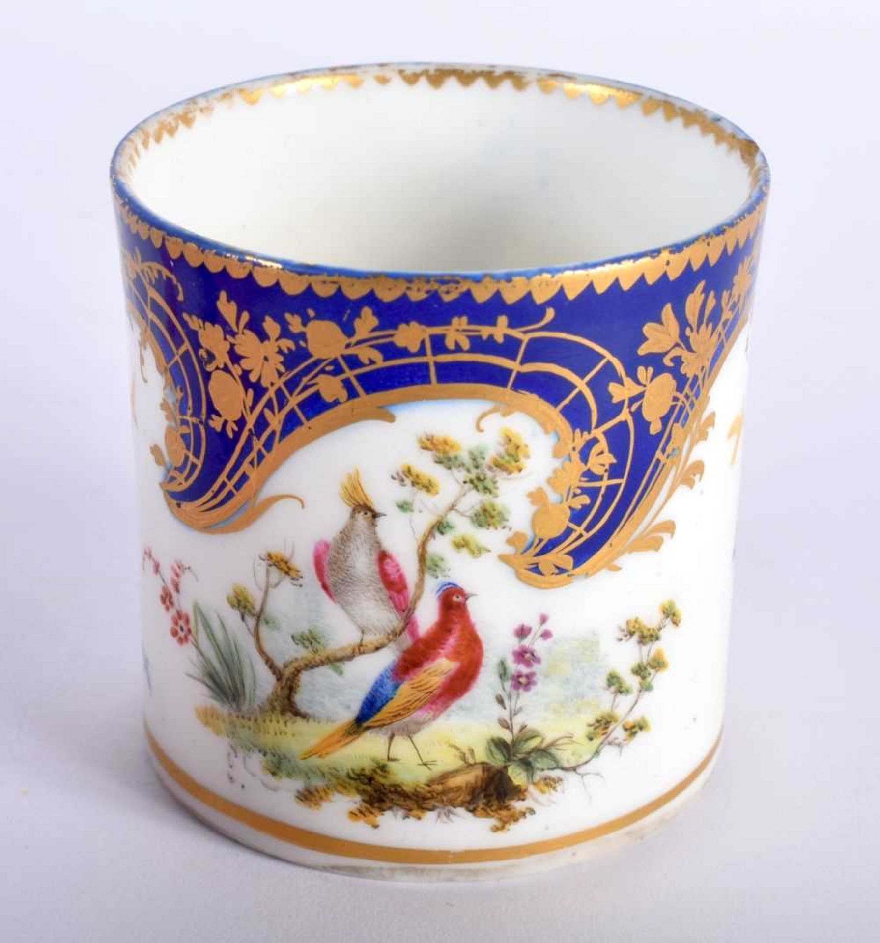 Sevres coffee can painted with two birds in landscape, flying birds and a blue and gilt cornucopia - Image 2 of 5