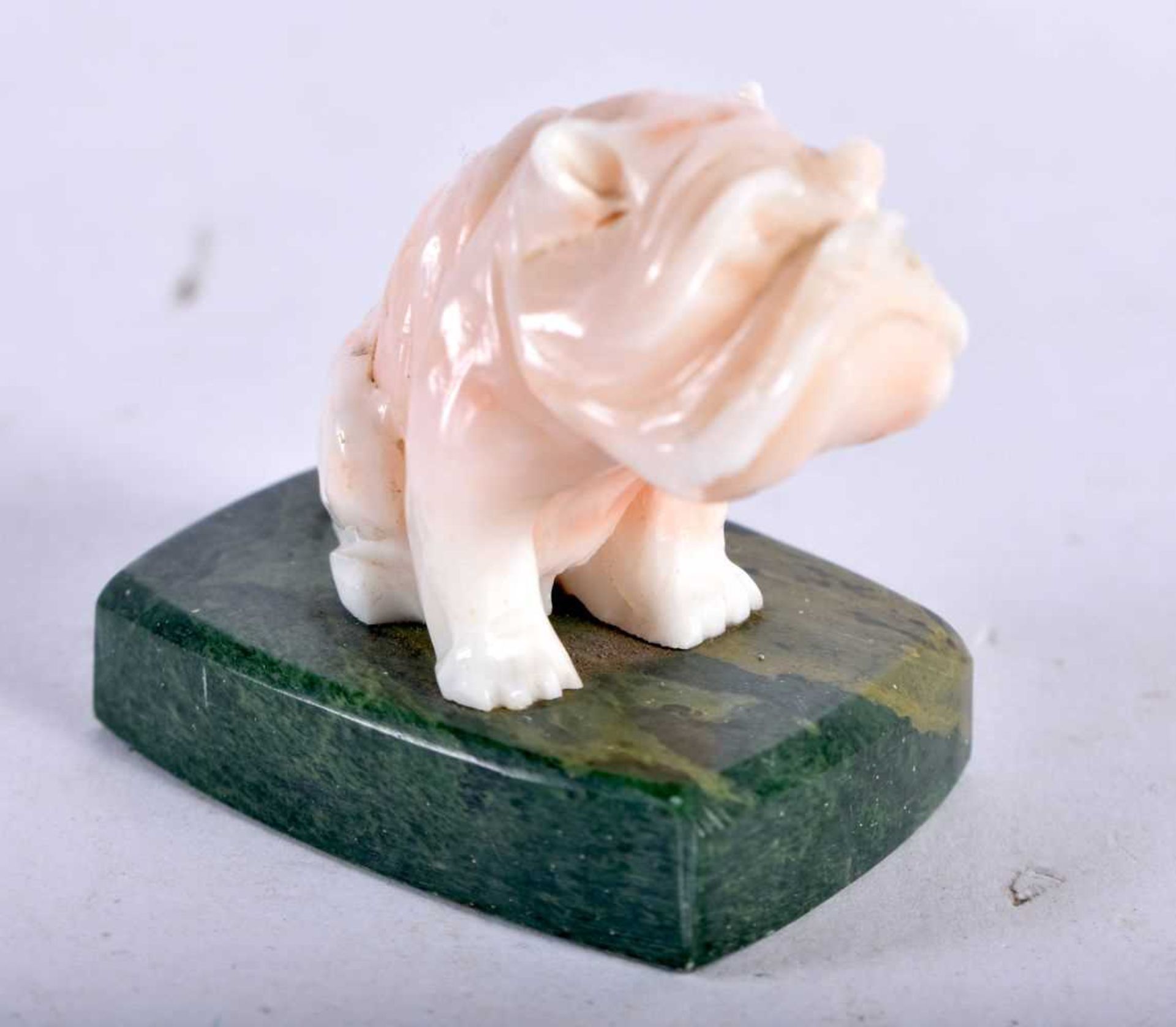 AN ART DECO CARVED PALE RED CORAL FIGURE OF A BULLDOG. 4.5 cm x 4 cm.