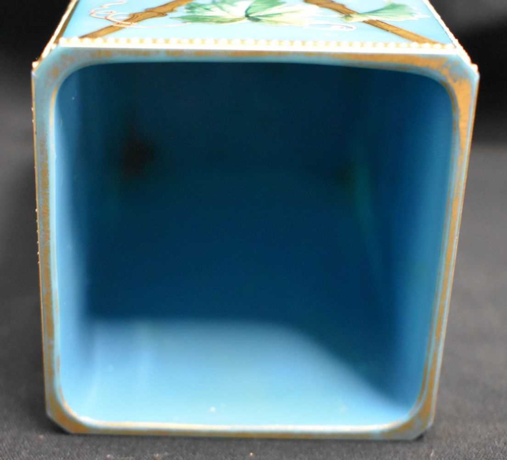A LOVELY VICTORIAN ENAMELLED BLUE GLASS VASE of square tapered form, painted with birds in a - Image 5 of 6
