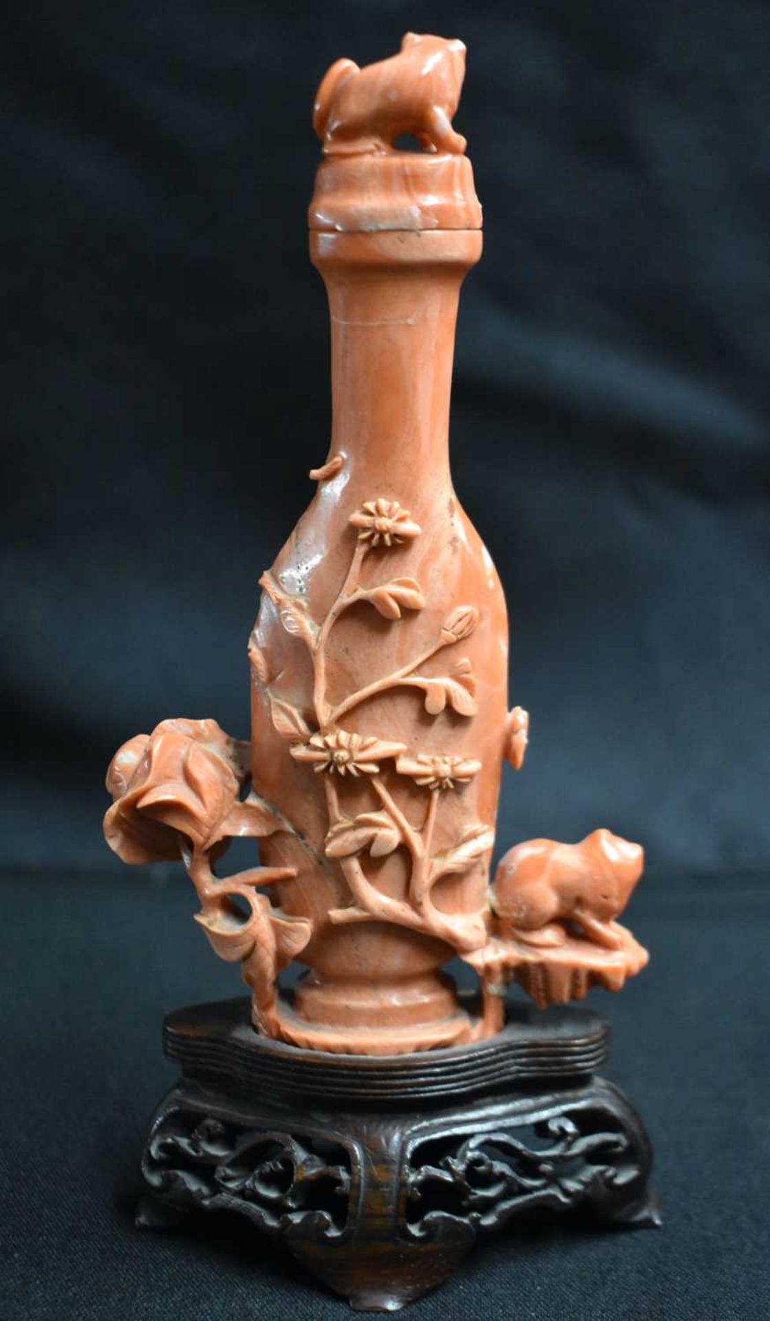 A LATE 19TH CENTURY CHINESE CARVED CORAL VASE AND COVER Qing, formed as a cat beside an overlaid - Image 6 of 9