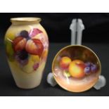 A ROYAL WORCESTER PORCELAIN VASE by Kitty Blake, together with a smaller fruit painted pin dish.