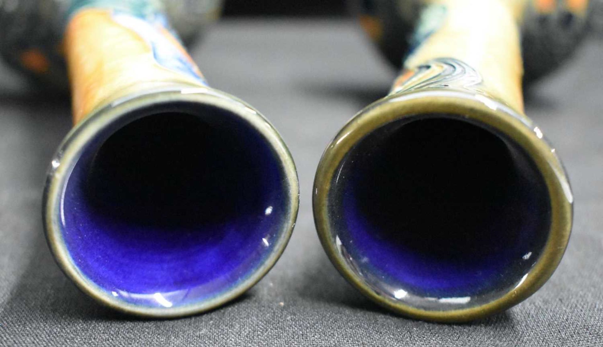 A PAIR OF MOORCROFT PEACOCK FEATHER VASES by Rachel Bishop. 20.5 cm high. - Image 4 of 5