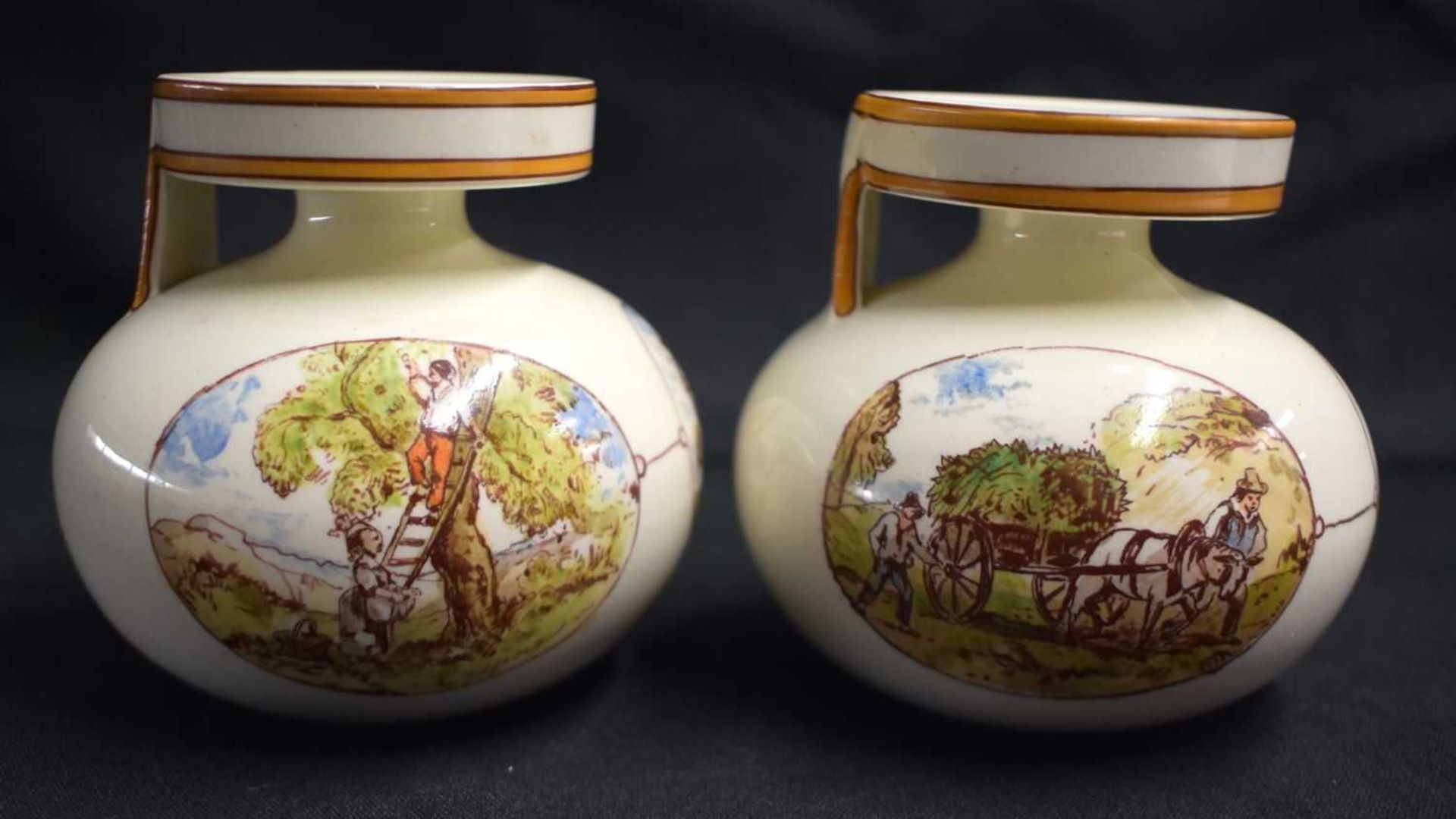 A RARE PAIR OF WEDGWOOD SINGLE HANDLED VASES by Emile Aubert Lessore, painted with rural scenes. 9 - Image 3 of 6