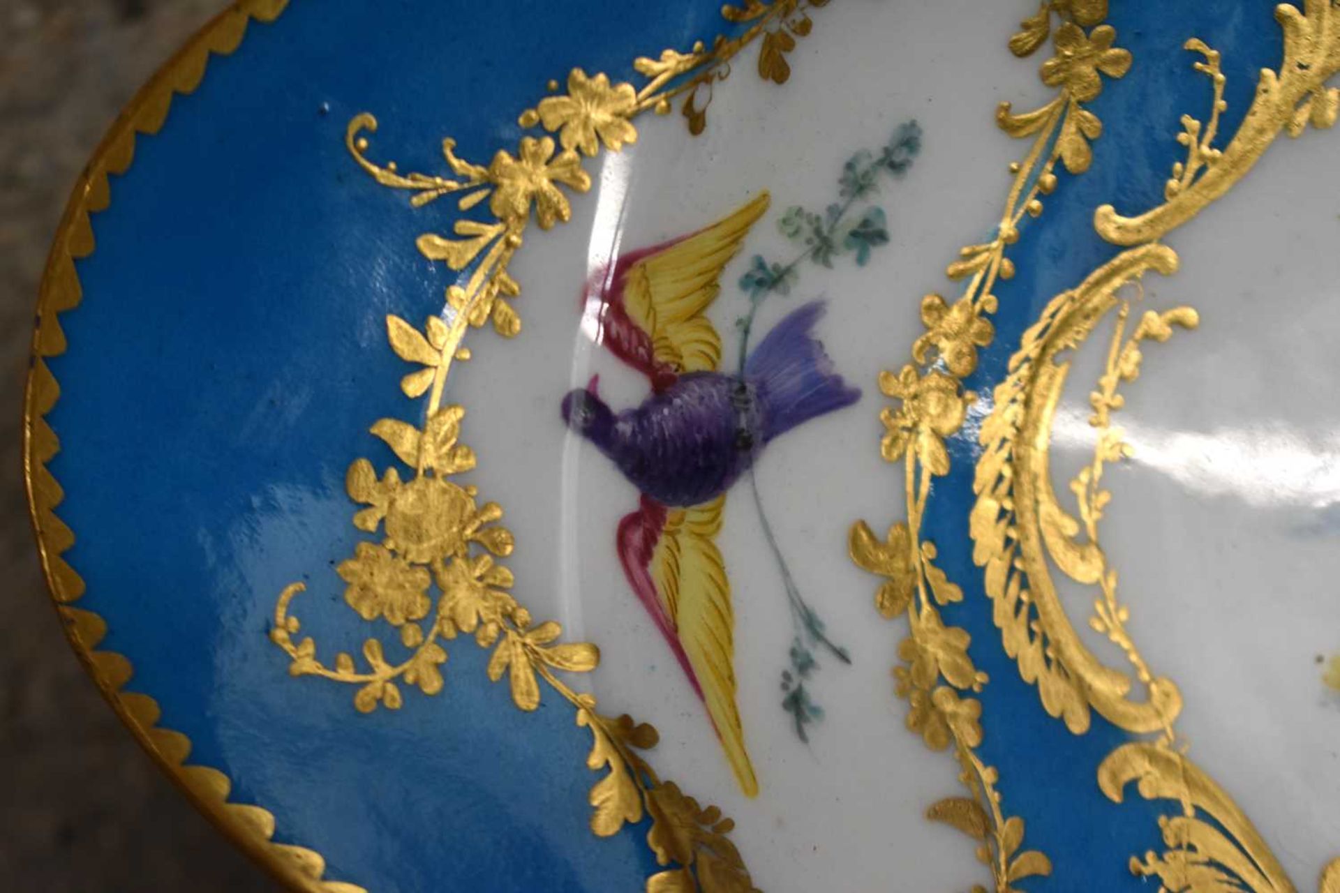 Sevres oval pedestal dish with three gilt panel two with a bird and the centre panel painted with - Image 5 of 9