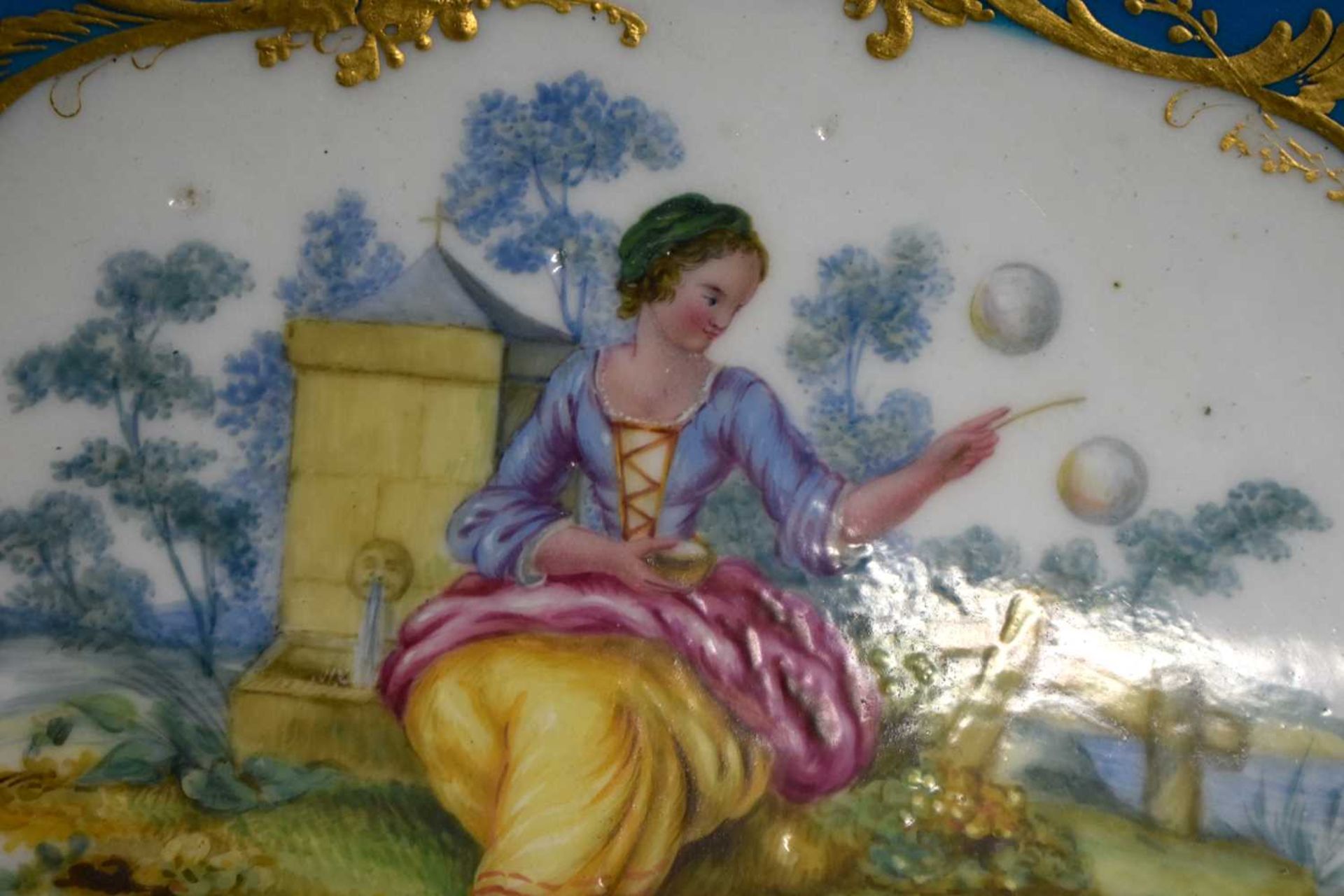 Sevres oval pedestal dish with three gilt panel two with a bird and the centre panel painted with - Image 8 of 9