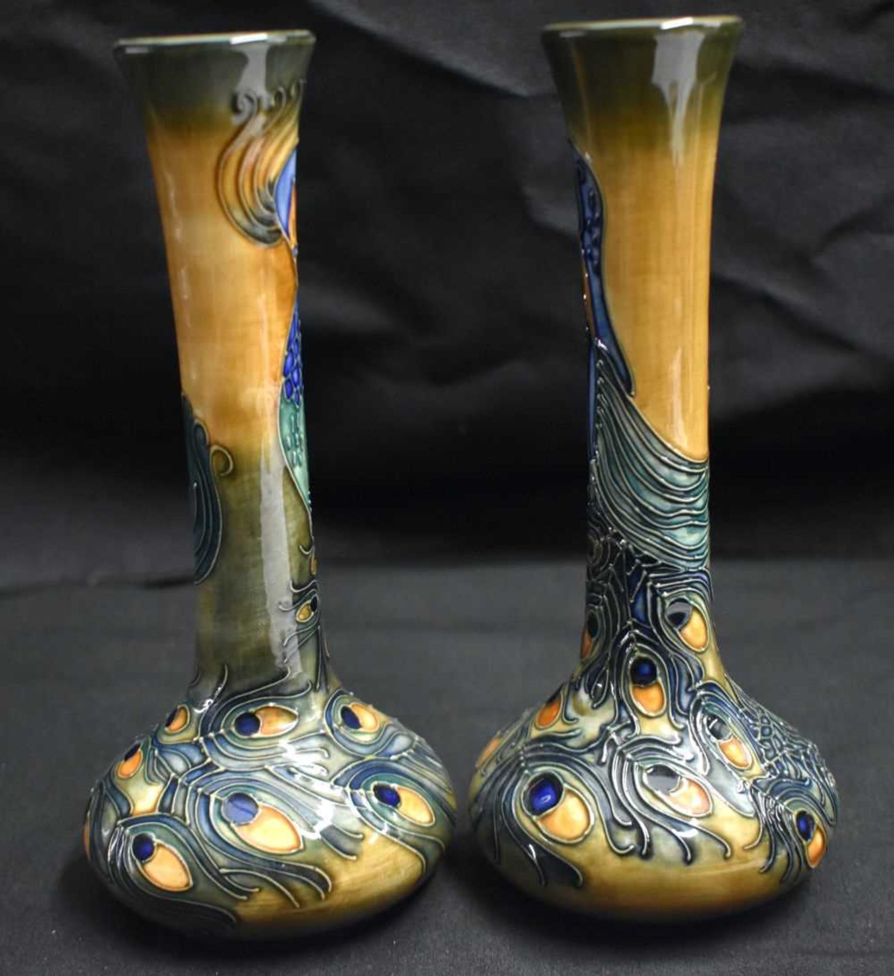 A PAIR OF MOORCROFT PEACOCK FEATHER VASES by Rachel Bishop. 20.5 cm high. - Image 2 of 5