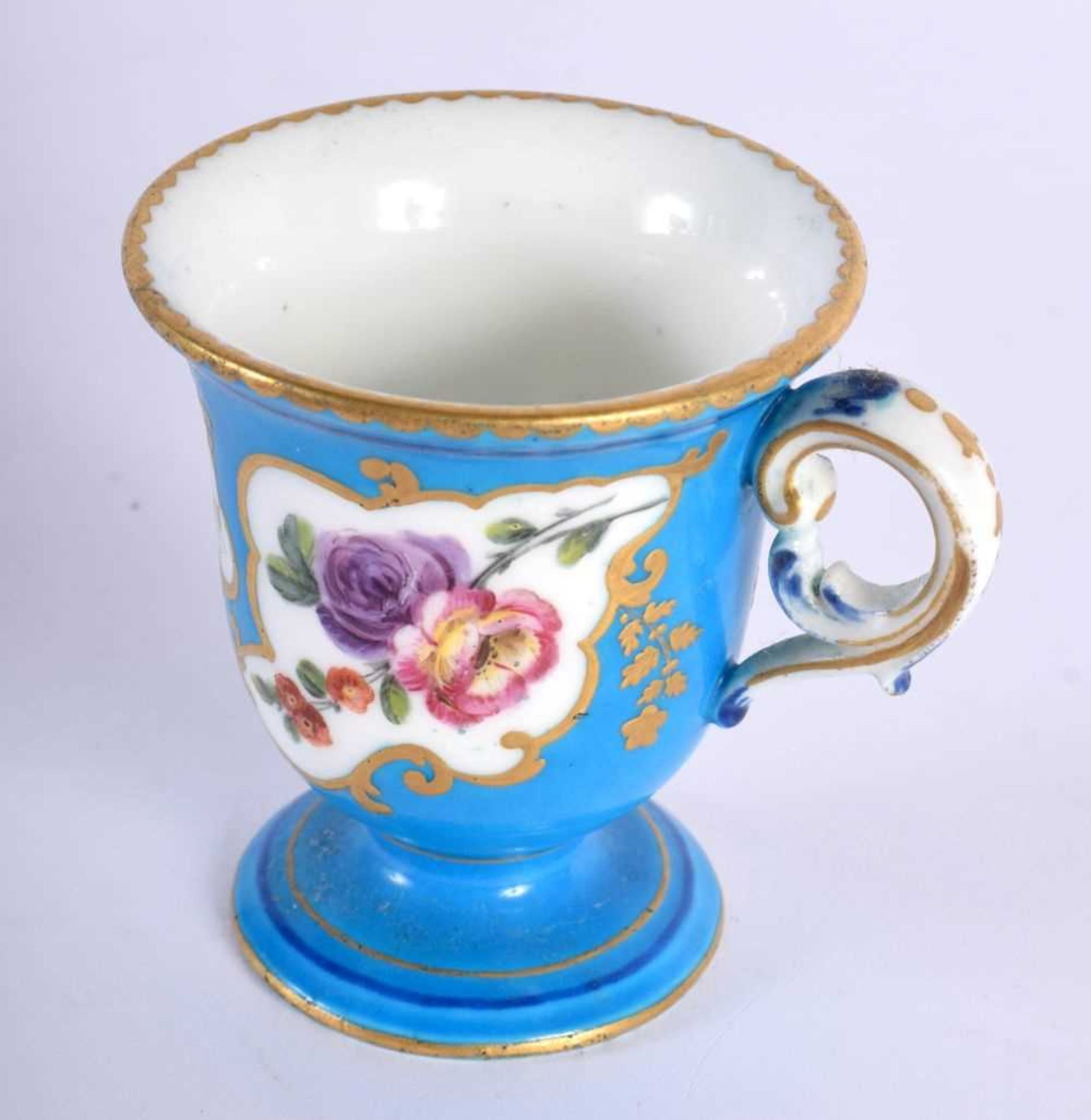 Sevres ice cup with three gilt panels painted with flowers, blue L’s mark. 6.5x6cm. - Image 3 of 4