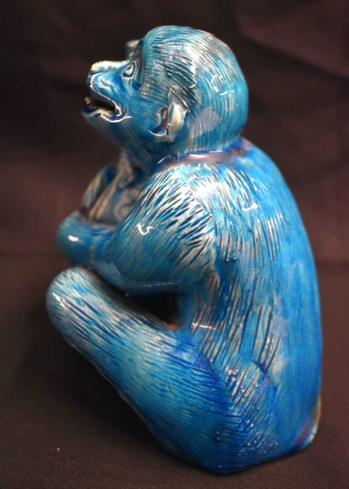 AN UNUSUAL 19TH CENTURY CHINESE BLUE GLAZED PORCELAIN MONKEY GOURD VASE or possibly Burmantofts. - Image 5 of 6
