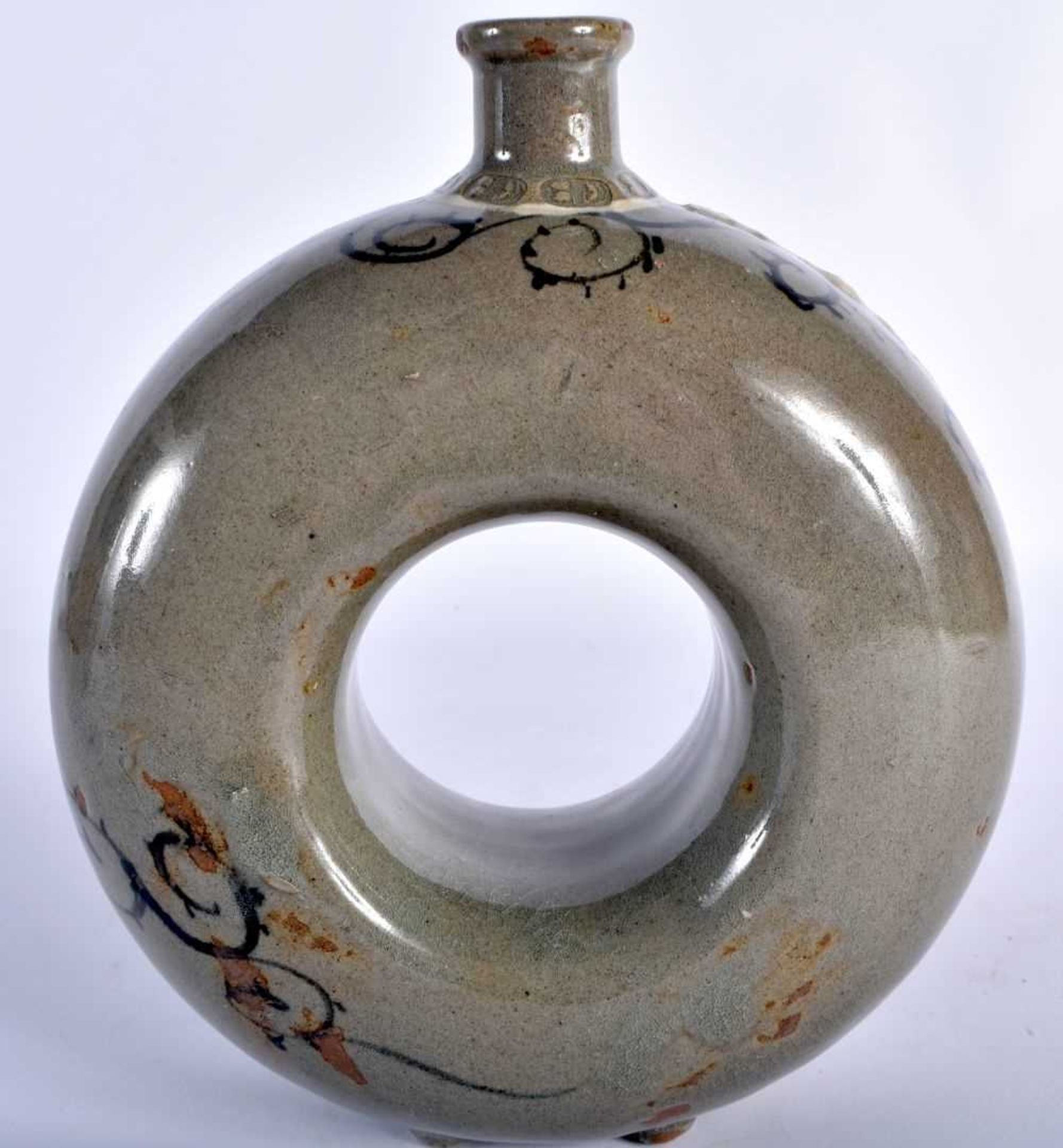 A RARE 19TH CENTURY KOREAN CELADON DOUGHNUT FORM VASE painted with sparse black and white - Image 3 of 6