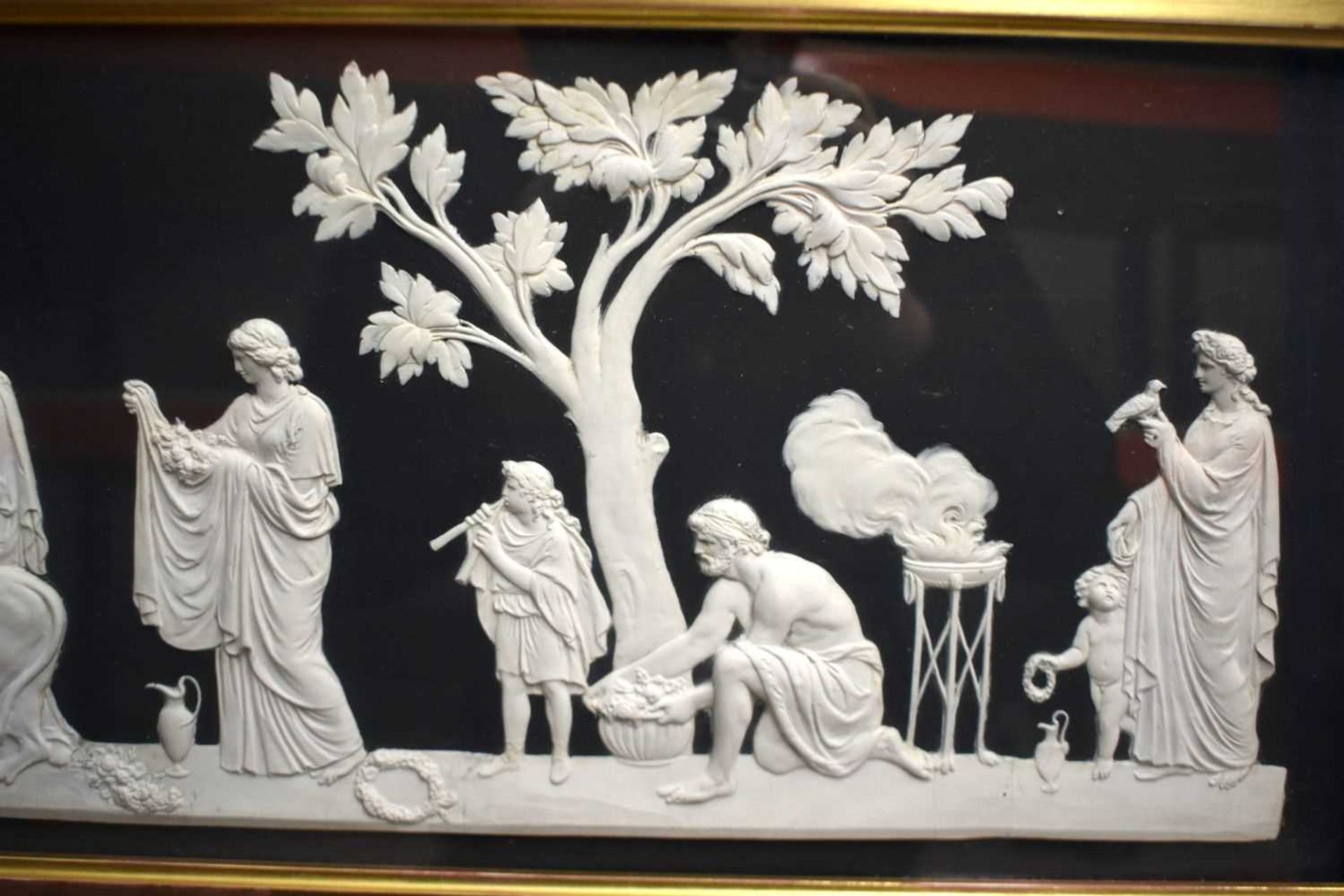 A RARE AND LARGE 19TH CENTURY WEDGWOOD BLACK BASALT PLAQUE depicting classical scenes of figures - Image 4 of 6