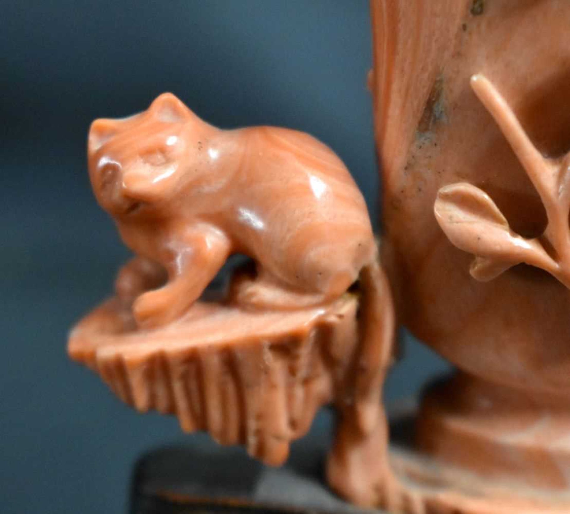 A LATE 19TH CENTURY CHINESE CARVED CORAL VASE AND COVER Qing, formed as a cat beside an overlaid - Image 2 of 9