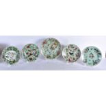 FIVE 19TH CENTURY CHINESE CANTON FMAILLE ROSE CELADON DISHES Qing. Largest 22 cm diameter. (5)