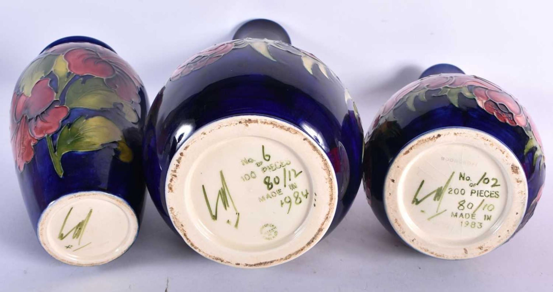 THREE LARGE MOORCROFT VASES together with a bowl & cover & dish. Largest 32 cm high. (5) - Image 3 of 3