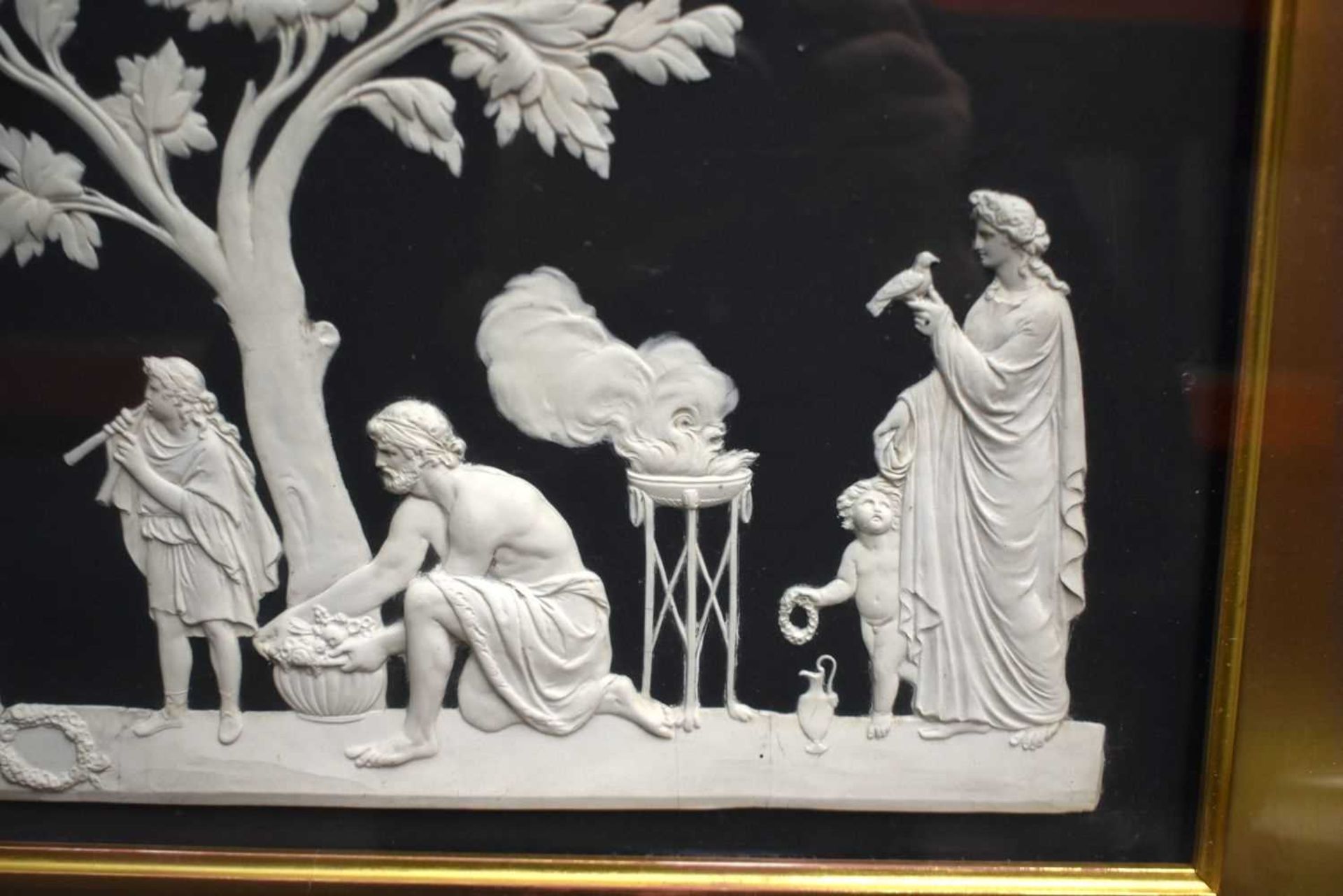 A RARE AND LARGE 19TH CENTURY WEDGWOOD BLACK BASALT PLAQUE depicting classical scenes of figures - Image 5 of 6