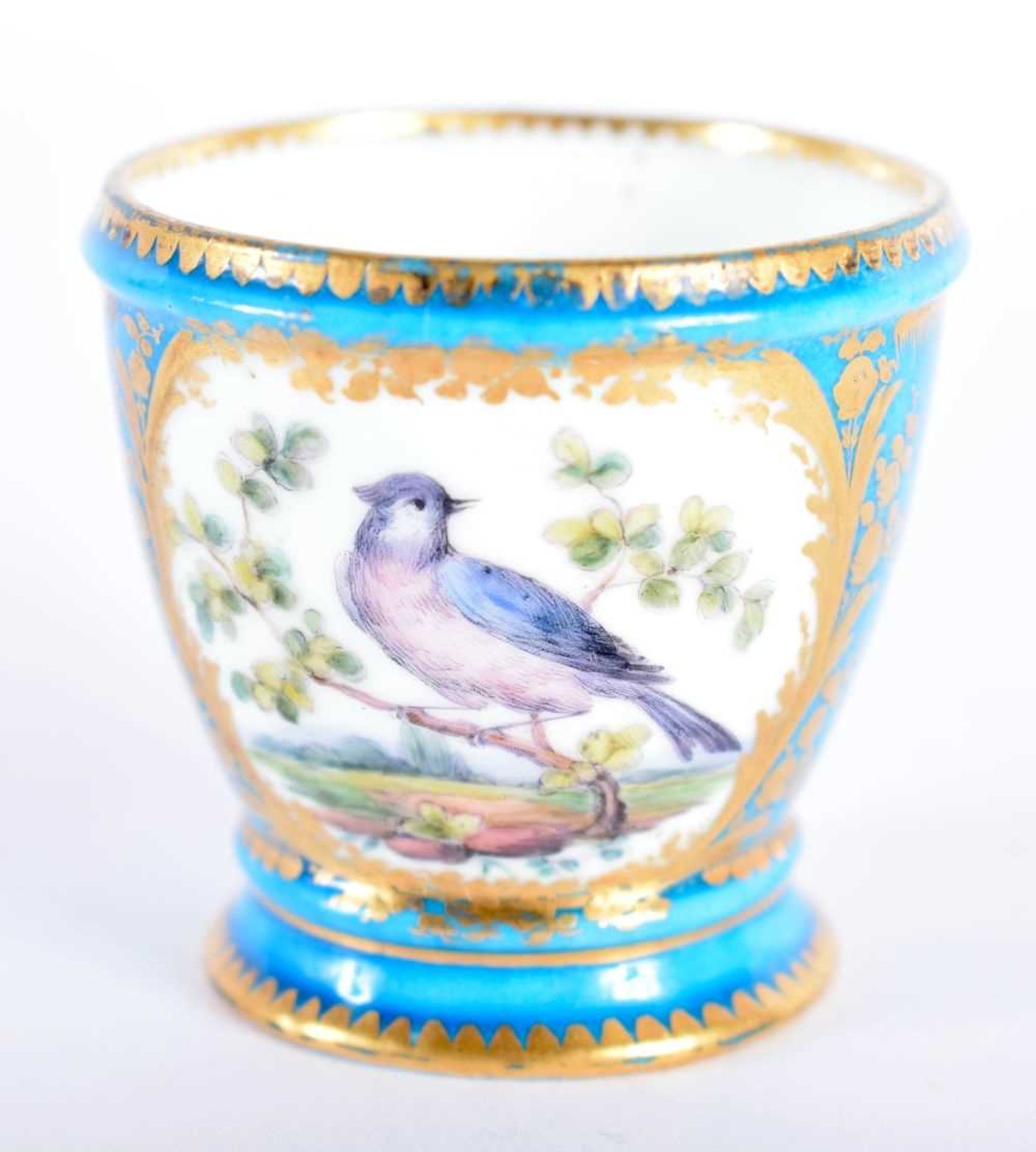 Sevres rare egg cup painted with roses in one panel and a bird in the other, both surrounded by a - Image 2 of 4