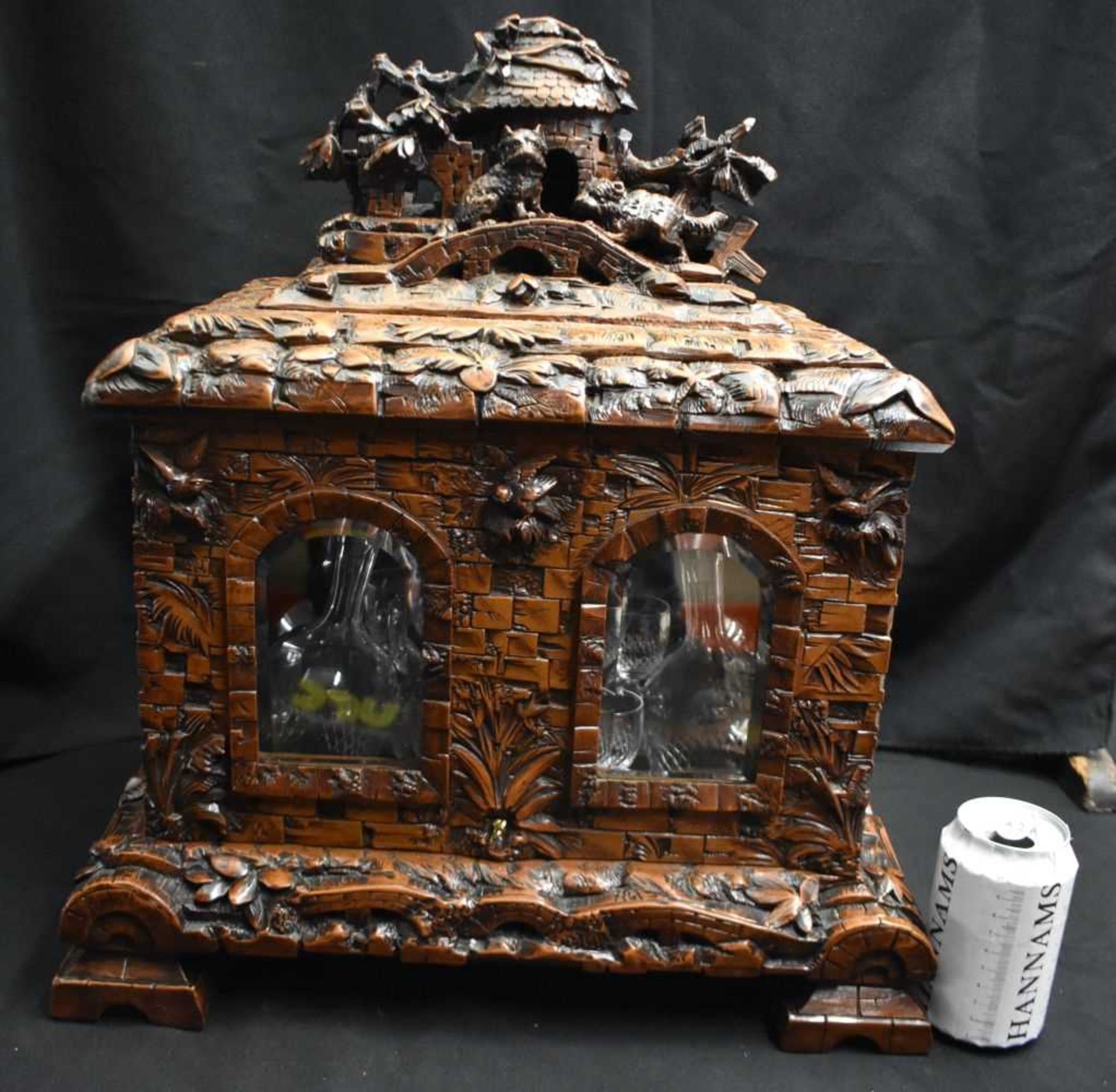 A LOVELY LARGE 19TH CENTURY BAVARIAN BLACK FOREST CARVED WOOD DECANTER BOX formed as an open work