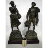 A LARGE PAIR OF ANTIQUE FRENCH SPELTER COUNTRY HOUSE FIGURES. 66 cm x 15 cm.