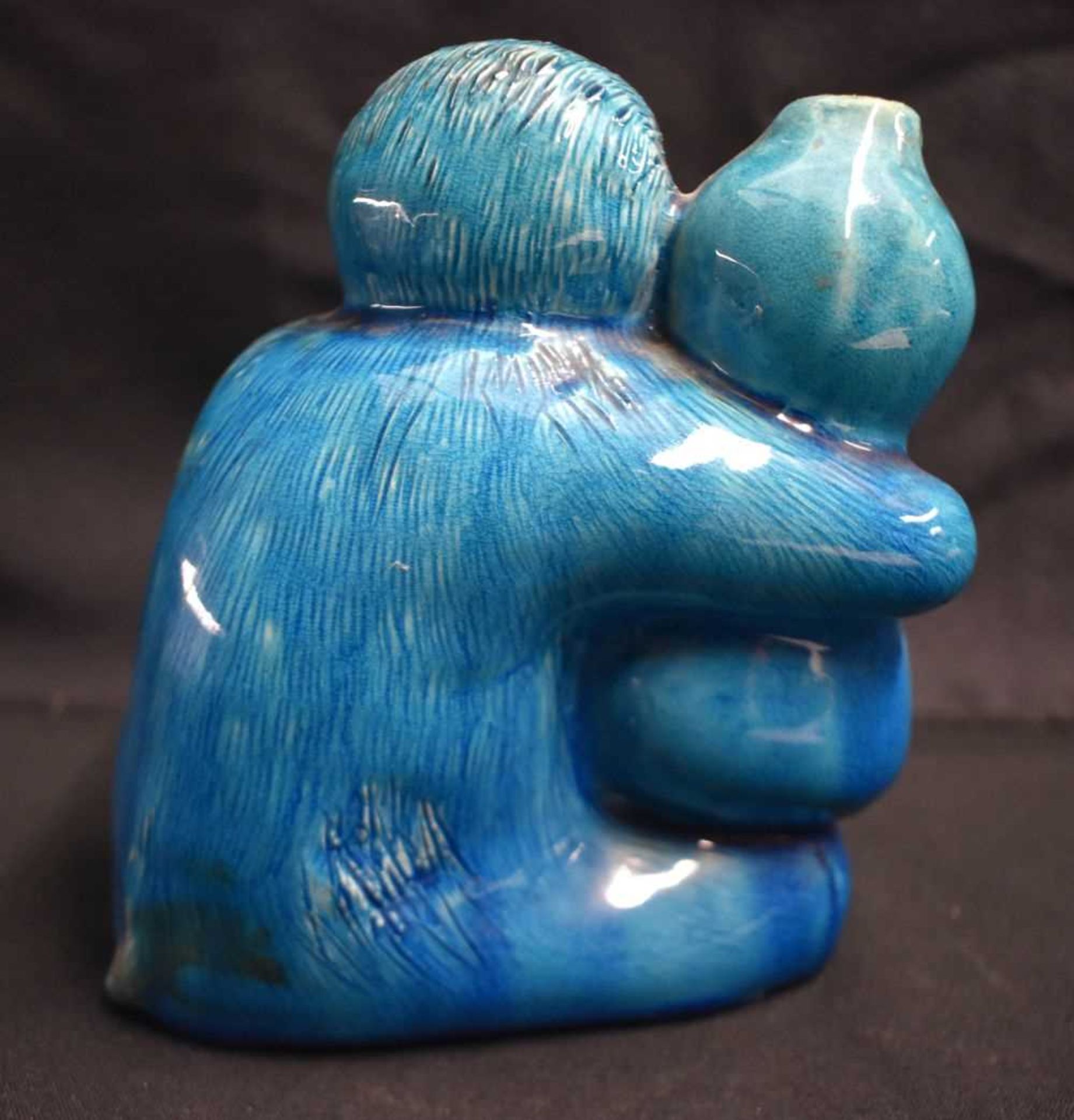 AN UNUSUAL 19TH CENTURY CHINESE BLUE GLAZED PORCELAIN MONKEY GOURD VASE or possibly Burmantofts. - Image 3 of 6