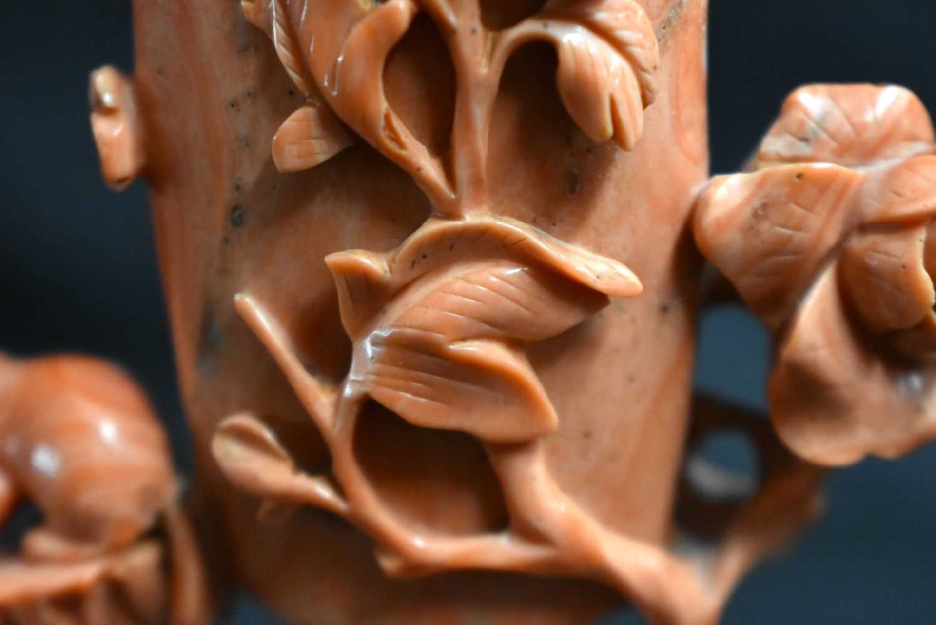 A LATE 19TH CENTURY CHINESE CARVED CORAL VASE AND COVER Qing, formed as a cat beside an overlaid - Image 3 of 9