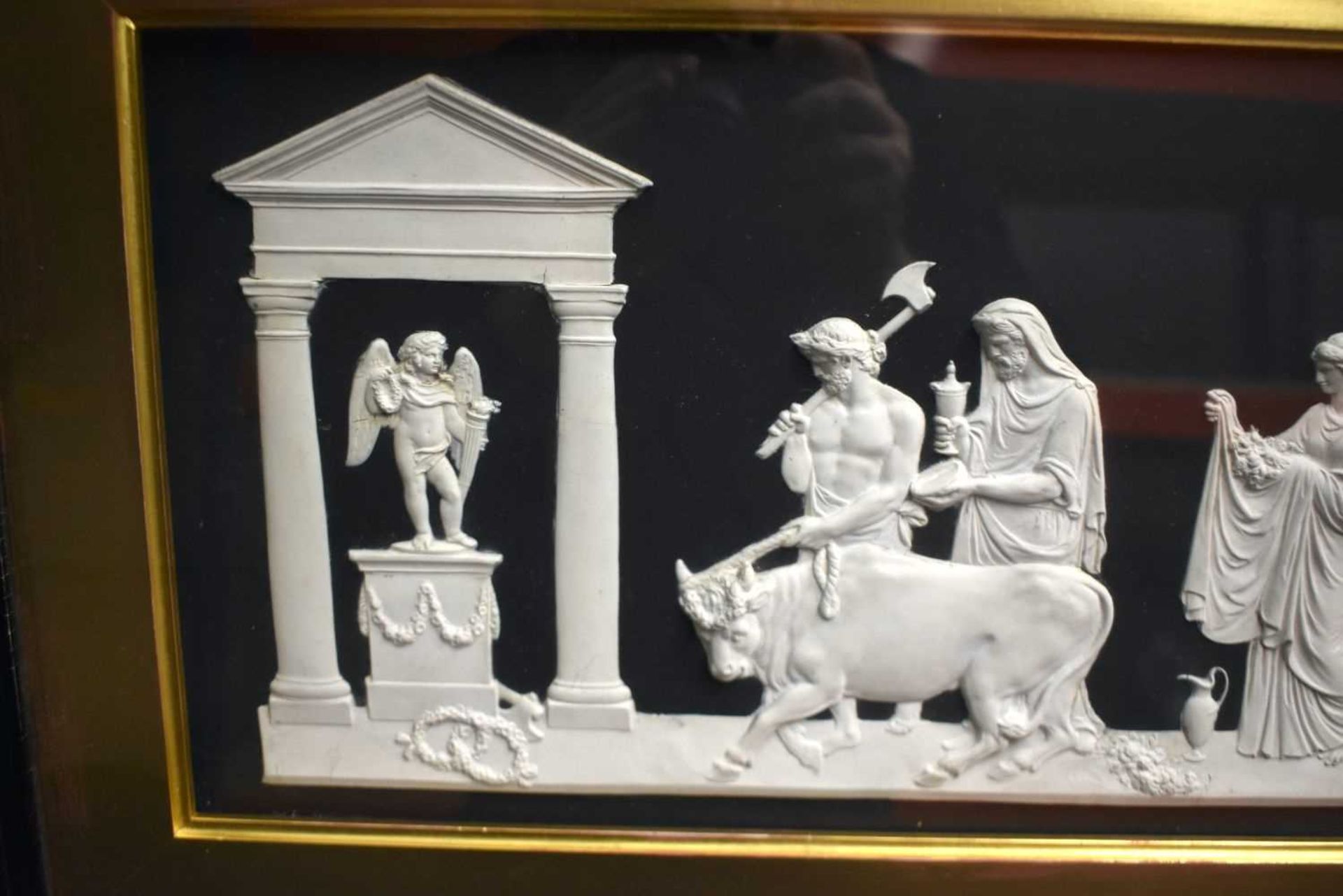 A RARE AND LARGE 19TH CENTURY WEDGWOOD BLACK BASALT PLAQUE depicting classical scenes of figures - Image 2 of 6