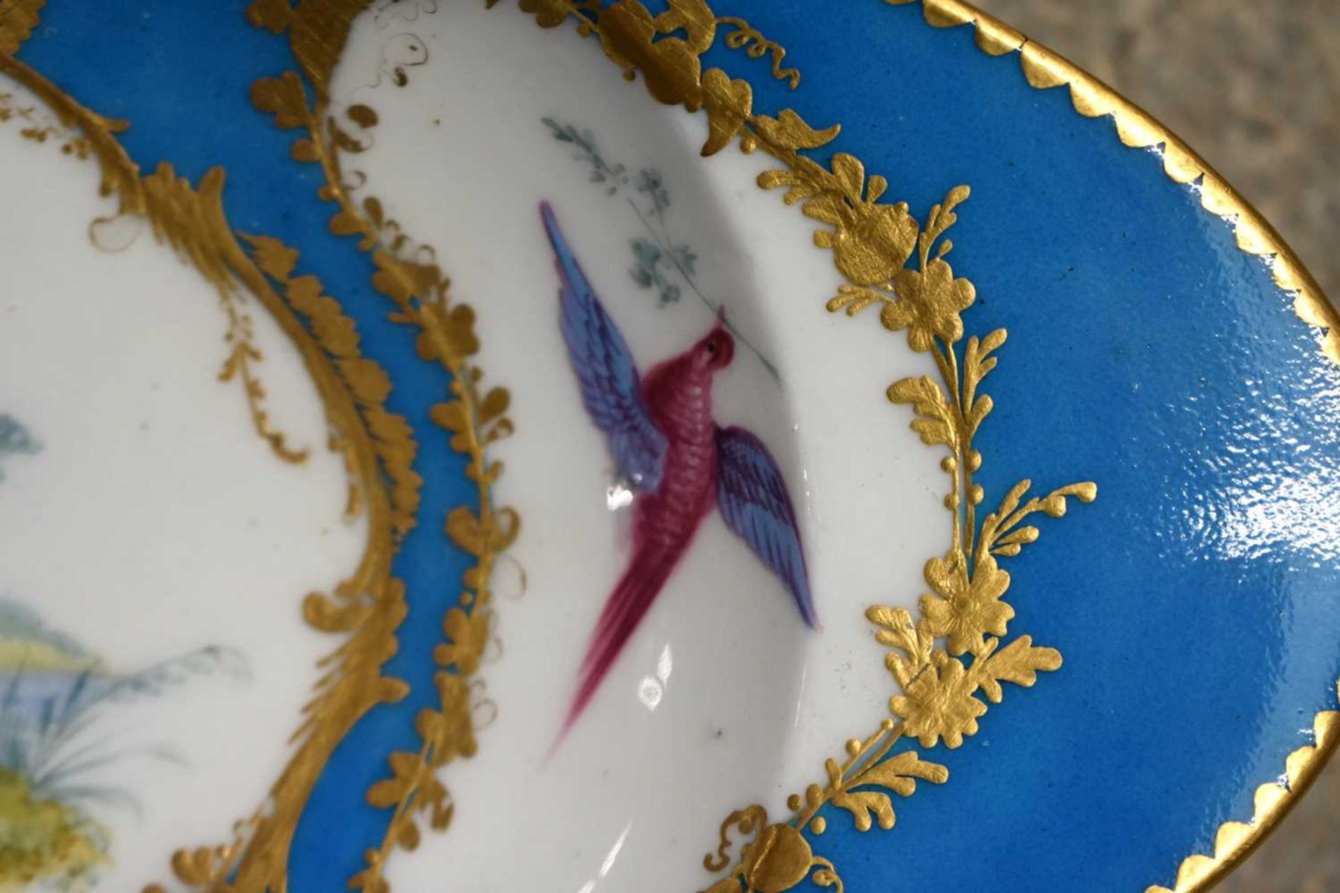 Sevres oval pedestal dish with three gilt panel two with a bird and the centre panel painted with - Image 7 of 9