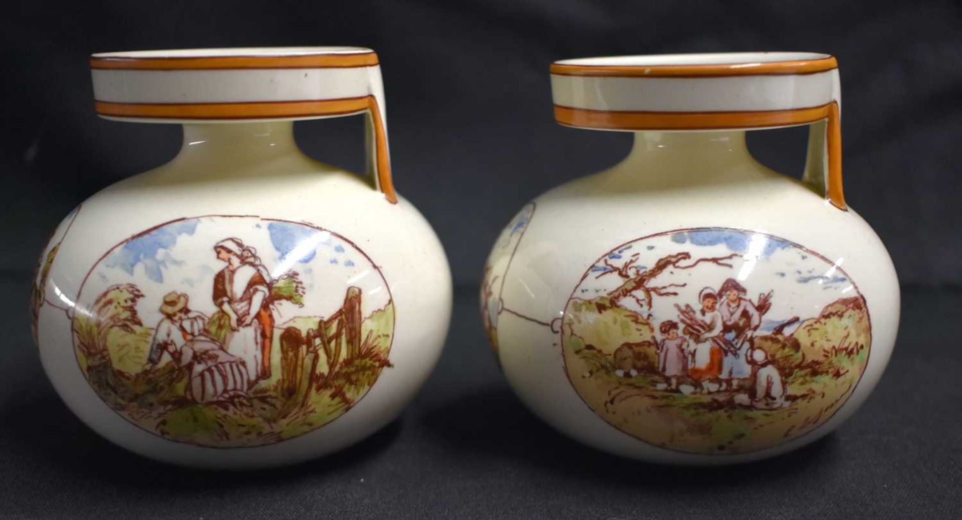 A RARE PAIR OF WEDGWOOD SINGLE HANDLED VASES by Emile Aubert Lessore, painted with rural scenes. 9