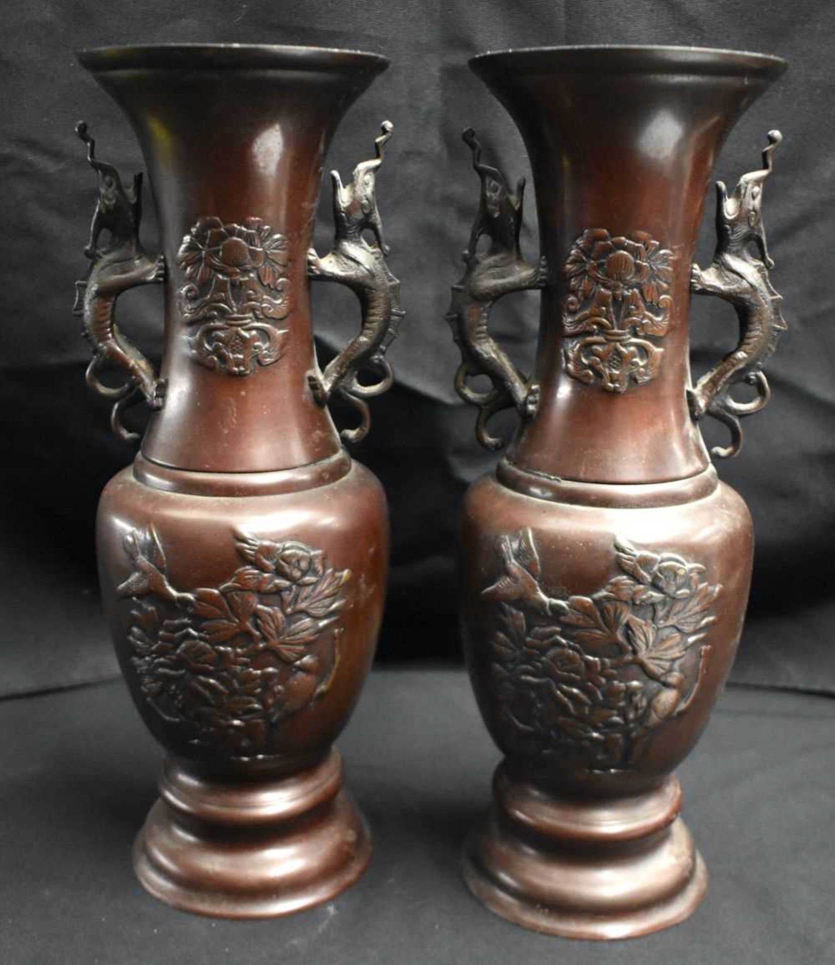 A LARGE PAIR OF 19TH CENTURY JAPANESE MEIJI PERIOD BRONZE VASES decorated with birds and foliage. 35 - Image 6 of 8