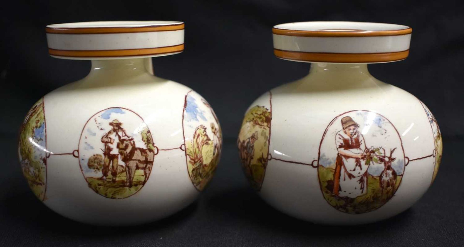 A RARE PAIR OF WEDGWOOD SINGLE HANDLED VASES by Emile Aubert Lessore, painted with rural scenes. 9 - Image 2 of 6