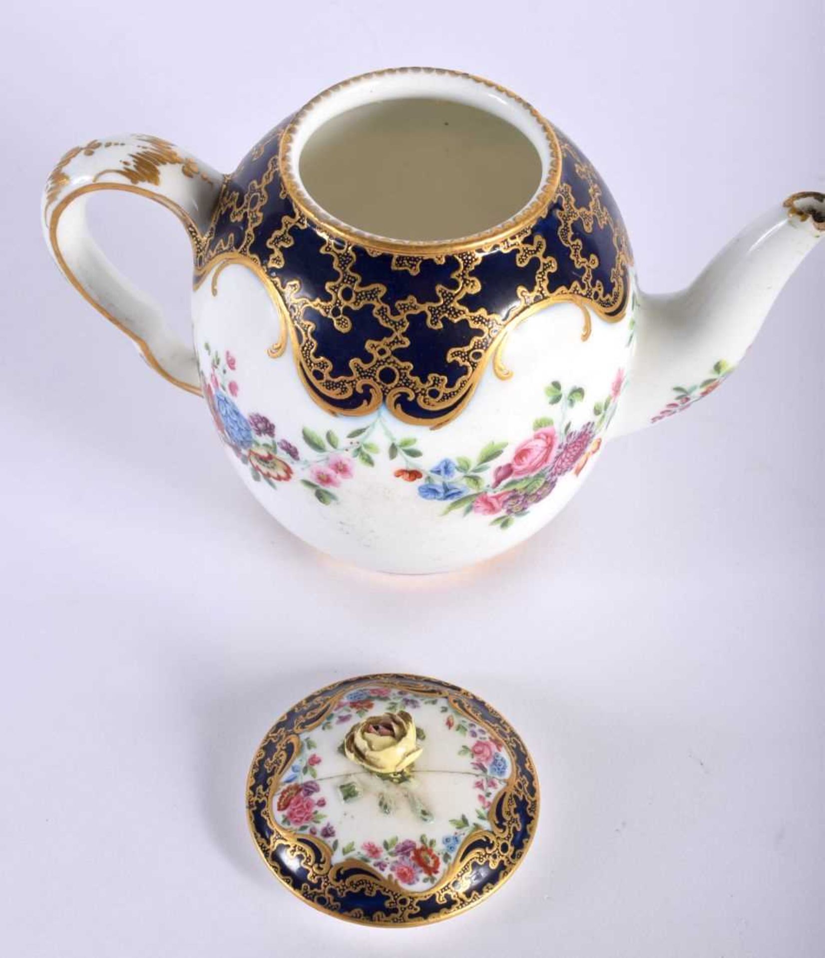 Sevres teapot and cover painted with flower swag under a blue and cracked ice gilt ground, no - Image 4 of 6