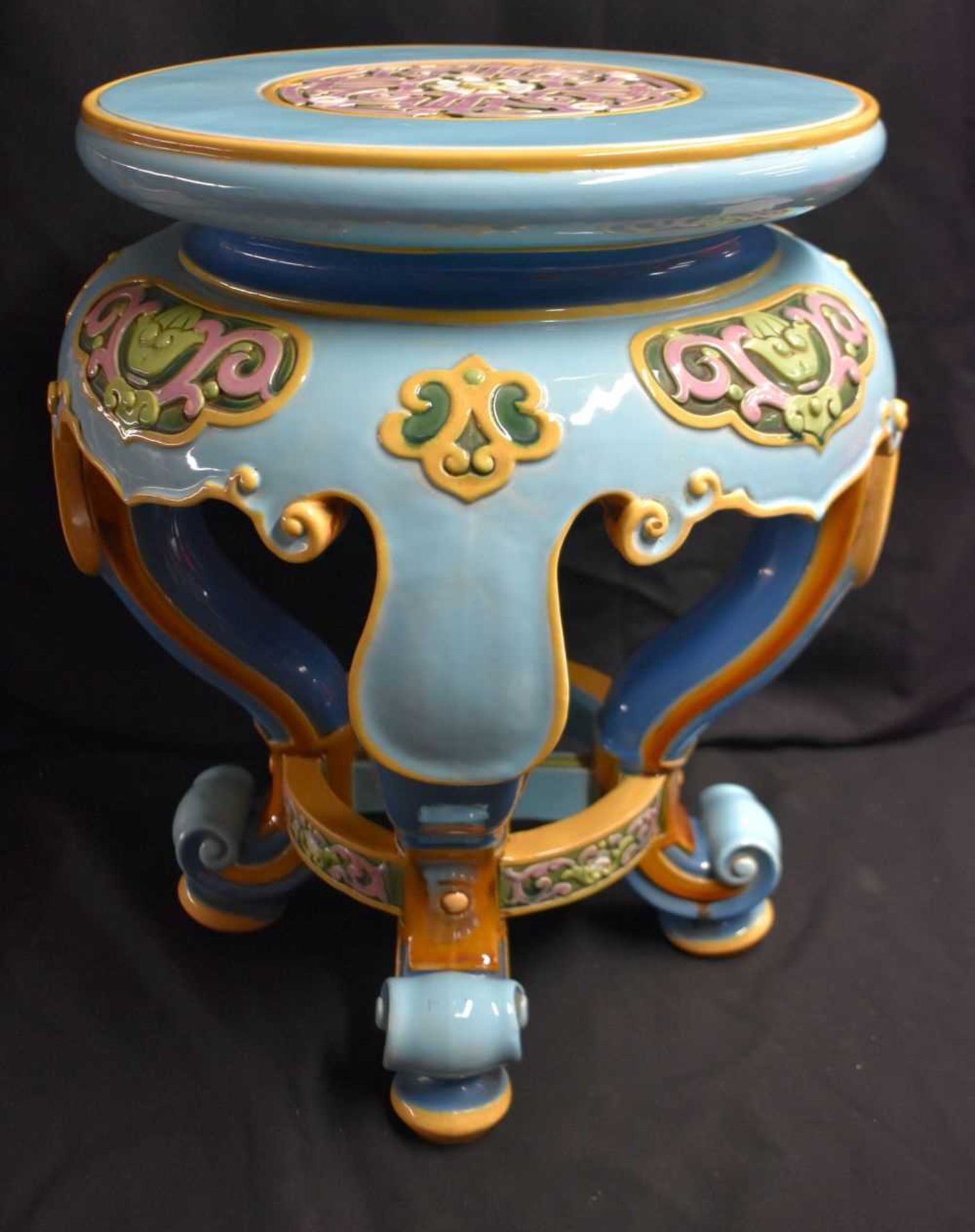 A GOOD LARGE 19TH CENTURY MINTON MAJOLICA GARDEN SEAT painted with bright green and pink enamels. 50 - Image 2 of 3